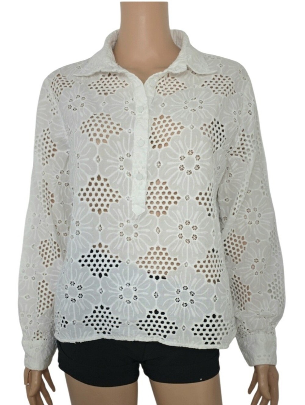 Adiva White Floral Eyelet Button-Front Shirt Size XL